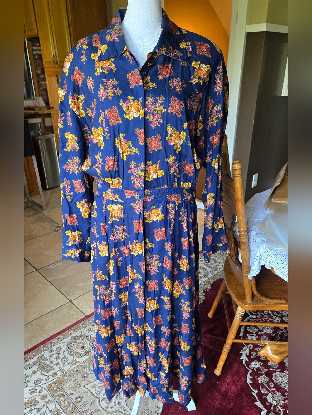 Vtg Liz Claiborne Navy Floral Long-Sleeve Dress with Yellow & Red Accents